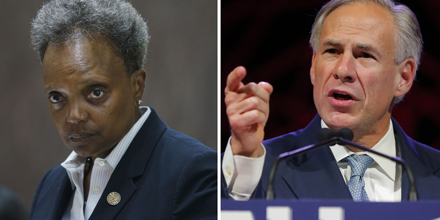 Side-by-side photo shows Chicago Mayor Lori Lightfoot at a city council meeting and Texas Gov. Greg Abbott speaking at event