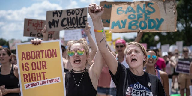 McKayla Wolff, left, and Karen Wolff join hands as they rally for abortion rights at the capitol in St. Paul, Minn., on July 17, 2022. (Jerry Holt/Star Tribune via Getty Images)