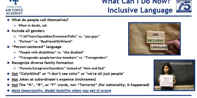 A slide presentation by the United States Air Force Academy in Colorado, titled, "Diversity and Inclusion: What it is, why we care, and what we can do."