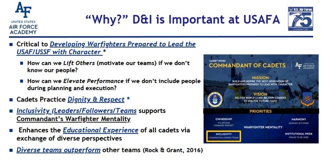 A slide presentation by the United States Air Force Academy in Colorado, "Diversity and Inclusion: What it is, why we care, and what we can do."
