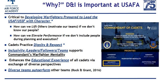 A slide presentation by the United States Air Force Academy in Colorado, "Diversity and Inclusion: What it is, why we care, and what we can do."