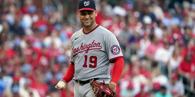Washington Nationals starting pitcher Anibal Sanchez looks over at first base after giving up a single to St. Louis Cardinals' Yadier Molina during the fifth inning of a baseball game Monday, Sept. 5, 2022, in St. Louis.