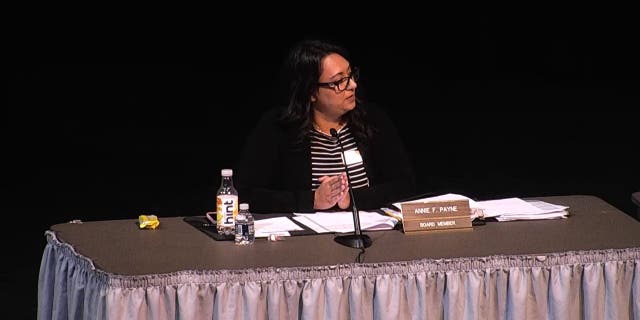 Annie Payne, member of the Mentor Public Schools board of education, speaks during a meeting in Mentor, Ohio, on Tuesday, Sept. 13, 2022.