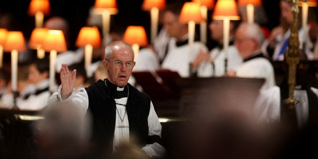 The Archbishop of Canterbury Justin Welby speaks during a service of prayer and reflection for Queen Elizabeth II at St Paul's Cathedral in London on Sept. 9, 2022, a day after her death at the age of 96.