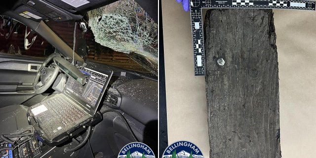 Police said the officers were covered with shards of glass after their patrol car's windshield exploded when it was struck by a 25-pound piece of railroad tie.