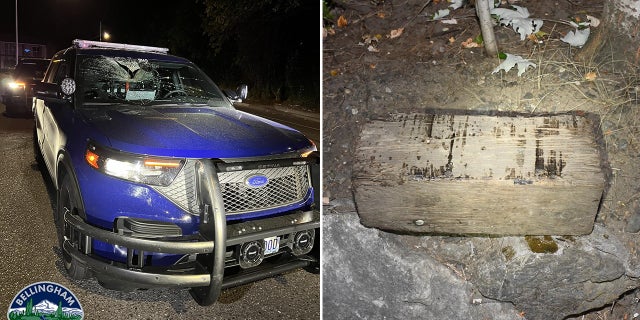 Police said neither officer was seriously injured and that the man who allegedly threw the railroad tie was safely taken into custody.