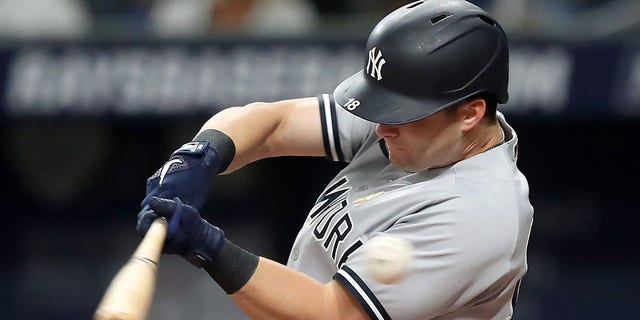 New York Yankees outfielder Andrew Benintendi injures his right hand on this swing during the game against the Tampa Bay Rays at Tropicana Field in St. Petersburg, Florida, on Sept. 2, 2022.