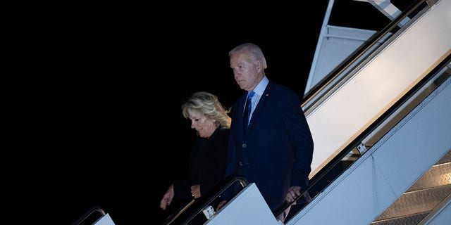 US President Joe Biden and First Lady Jill Biden arrive at London Stansted Airport on September 17, 2022, in Stansted, United Kingdom, to attend the funeral of Queen Elizabeth II on September 19. 