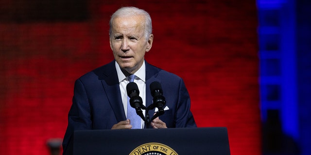 Philadelphia, USA- September 1st: President Joe Biden gives a speech on protecting American democracy in front of Independence Hall in Philadelphia, Pennsylvania on September 1st, 2022. (Photo by Nathan Posner/Anadolu Agency via Getty Images)