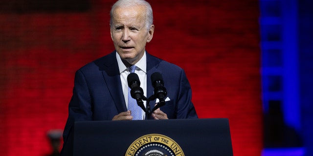 Philadelphia, USA- September 1st: President Joe Biden gives a speech on protecting American democracy in front of Independence Hall in Philadelphia, Pennsylvania on September 1st, 2022. (Photo by Nathan Posner/Anadolu Agency via Getty Images)