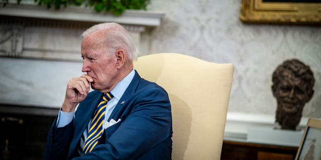 President Biden speaks during a bilateral meeting with South African President Cyril Ramaphosa in the Oval Office of the White House in Washington, DC, on Sept.  16, 2022.