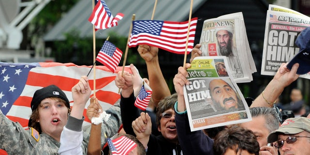 A crowd celebrates the news of the death of Osama bin Laden on May 2, 2011 in New York City.