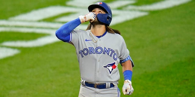 Toronto Blue Jays' Bo Bichette runs the bases after hitting a solo home run against the Baltimore Orioles during the seventh inning of the second game of a baseball doubleheader, Monday, Sept. 5, 2022, in Baltimore.