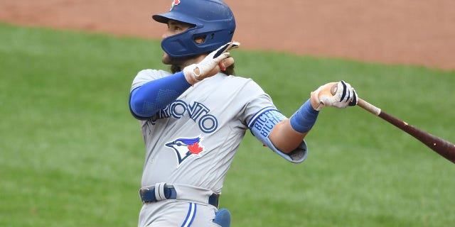 Beau Bichet #11 of the Toronto Blue Jays hits a 3-run homer in the third inning during Game 2 of a doubleheader baseball game against the Baltimore Orioles at Oriole Park at Camden Yards in Baltimore, Maryland on Sept. 5, 2022 released the 