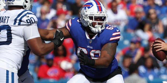 Bobby Hart of the Buffalo Bills blocks during a preseason game against the Indianapolis Colts at Highmark Stadium in Orchard Park, New York on August 13, 2022.