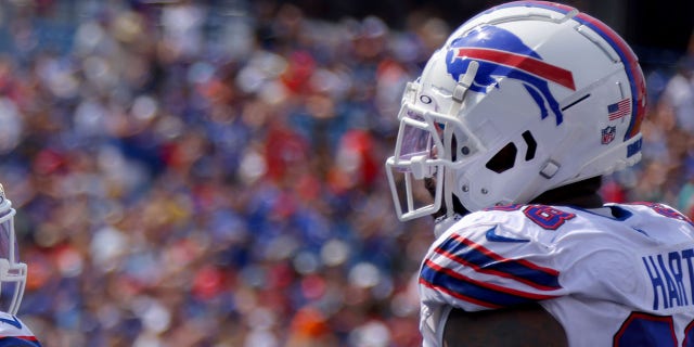 Buffalo Bills' Duke Johnson celebrates a touchdown with Bobby Hart of the Buffalo Bills during the second half of a preseason game against the Denver Broncos at Highmark Stadium in Orchard Park, NY, Aug. 20, 2022.