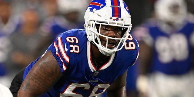 Buffalo Bills' Bobby Hart lines up to play the second quarter against the Carolina Panthers during a pre-season game at Bank of America Stadium on August 26, 2022, in Charlotte, North Carolina