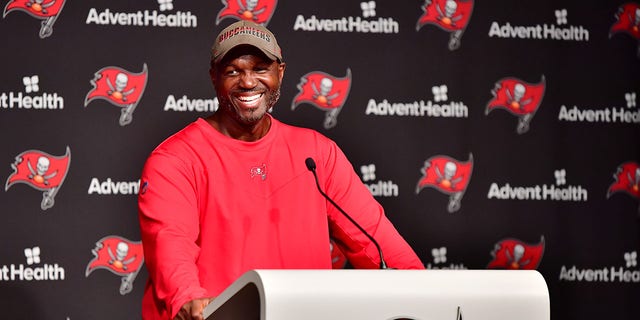 Head coach Todd Bowles of the Tampa Bay Buccaneers answers questions at a press conference after 2022 Buccaneers minicamp at AdventHealth Training Center June 9, 2022, in Tampa, Fla.