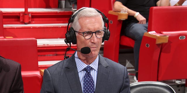 NBA commentator Mike Breen talks during a game between the Charlotte Hornets and the Miami Heat Oct. 29, 2021, at The FTX Arena in Miami, Fla.