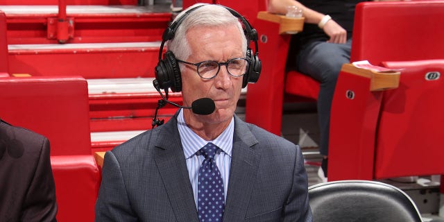 NBA commentator Mike Breen talks during a game between the Charlotte Hornets and the Miami Heat Oct. 29, 2021, at The FTX Arena in Miami, Fla.