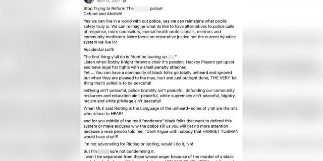 Julie Gunnigle's campaign manager Bruce Franks Jr. told his Facebook audience to "Stop trying to reform the f------ police! Defund and Abolish!" in an April 2021 post.