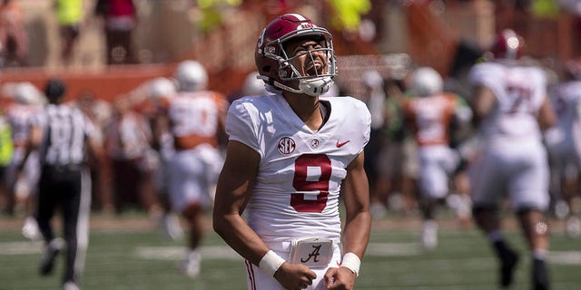 Alabama quarterback Bryce Young celebrates against Texas during the first half of a game Sept. 10, 2022, in Austin, Texas.