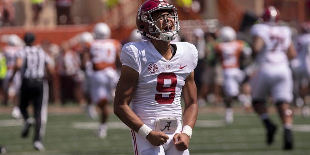 Alabama quarterback Bryce Young celebrates against Texas during the first half of a game Sept. 10, 2022, in Austin, Texas.