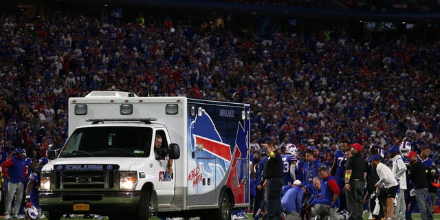 An ambulance is seen on field after Dane Jackson #30 of the Buffalo Bills was injured in a play against the Tennessee Titans during the second quarter of the game at Highmark Stadium on Sept. 19, 2022 in Orchard Park, New York.