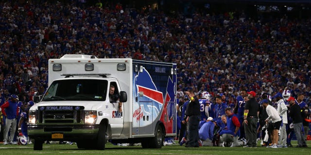 An ambulance is seen on field after Dane Jackson #30 of the Buffalo Bills was injured in a play against the Tennessee Titans during the second quarter of the game at Highmark Stadium on Sept. 19, 2022 in Orchard Park, New York.