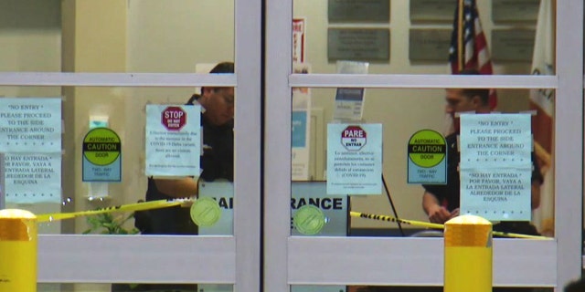 Crime scene tape at the Los Angeles County hospital where a worker was stabbed.
