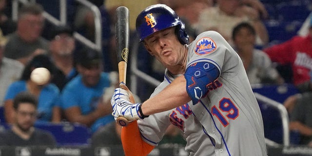 Mark Canha of the New York Mets gets out of the way of a pitch during the fourth inning against the Miami Marlins at loanDepot park Sept. 9, 2022, in Miami, Fla.