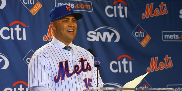 Carlos Beltran talks to the media after being introduced as manager of the New York Mets during a press conference at Citi Field Nov. 4, 2019, in New York City.