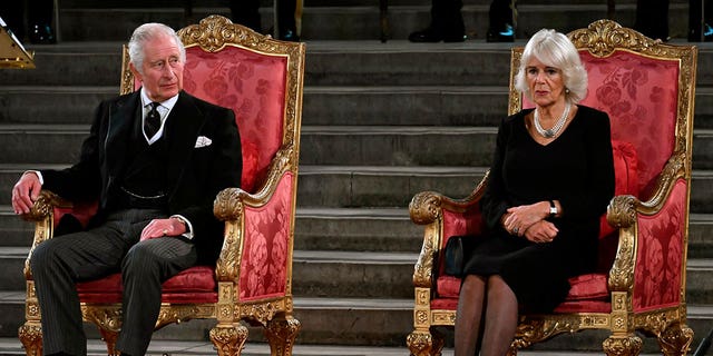 King Charles III and Queen Consort Camilla at Westminster Hall following the death of Queen Elizabeth II on Sept. 8.