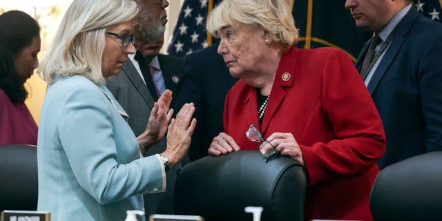 (L-R) U.S. Rep. Liz Cheney, Vice Chairwoman of the Select Committee to Investigate the January 6th Attack on the U.S. Capitol, and Rep. Zoe Lofgren (D-CA) talk during a hearing on the January 6th investigation in the Cannon House Office Building on June 13, 2022 in Washington, D.C. (Photo by Alex Wong/Getty Images)