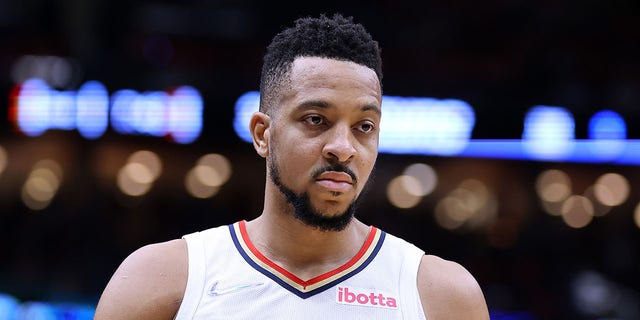 CJ McCollum #3 of the New Orleans Pelicans reacts against the Phoenix Suns in Game 4 of the Western Conference First Round NBA Playoffs at the Smoothie King Center on April 24, 2022 in New Orleans, Louisiana.