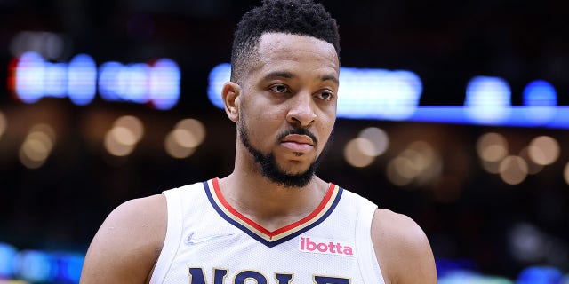 CJ McCollum #3 of the New Orleans Pelicans reacts to the Phoenix Suns during Game 4 of the Western Conference Round 1 NBA Playoffs at the Smoothie King Center in New Orleans, Louisiana on April 24, 2022.