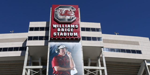 A view of the outside of the stadium with a poster of former head coach Steve Spurrier of the South Carolina Gamecocks prior to a game against the Vanderbilt Commodores at Williams-Brice Stadium Oct. 17, 2015, in Columbia, S.C.