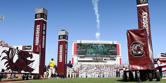 A view of the field and scoreboard as fireworks erupt prior to the South Carolina Gamecocks' game against the Missouri Tigers at Williams-Brice Stadium Oct. 6, 2018, in Columbia, S.C.