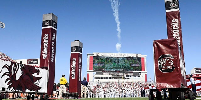 A view of the field and scoreboard as fireworks erupt prior to the South Carolina Gamecocks' game against the Missouri Tigers at Williams-Brice Stadium Oct. 6, 2018, in Columbia, S.C.