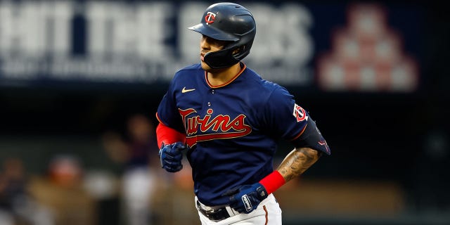 Carlos Correa #4 of the Minnesota Twins rounds the bases on his solo home run against the Kansas City Royals in the first inning of the game at Target Field on September 15, 2022, in Minneapolis, Minnesota.