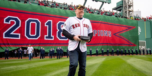 Former pitcher Curt Schilling of the Boston Red Sox is introduced during a 2018 World Series championship ring ceremony at Fenway Park in Boston on April 9, 2019.