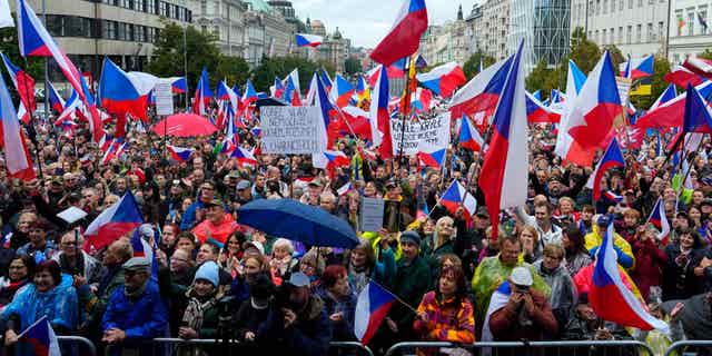 People protesting at Vencesla's Square in Prague, Czech Republic, on Sept. 28, 2022, call for the Czech president's resignation amid European energy crisis.