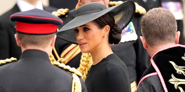 Meghan, Duchess of Sussex, arrives at Westminster Abbey for Queen Elizabeth II's state funeral.
