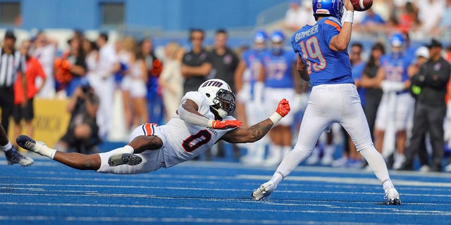 Tennessee Martin linebacker TJ Neal (0) pressures Boise State quarterback Hank Bachmeier (19) in the second half of an NCAA college football game, Saturday, Sept. 17, 2022, in Boise, Idaho.