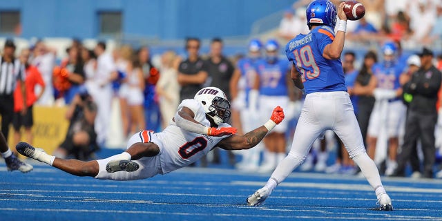 Tennessee Martin linebacker TJ Neal (0) pressures Boise State quarterback Hank Bachmeier (19) in the second half of an NCAA college football game, Saturday, Sept. 17, 2022, in Boise, Idaho.