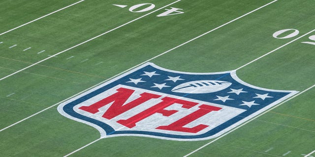 The NFL logo on the field at the Super Bowl