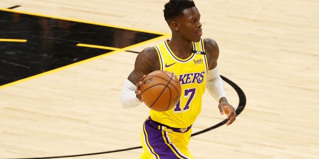 Dennis Schröder of the Los Angeles Lakers handles the ball during the first half of Game 2 of a Western Conference first-round playoff series at Phoenix Suns Arena May 25, 2021, in Phoenix, Ariz.