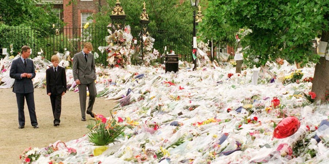 Prince William and Prince Harry view the flowers left behind by thousands of mourners following Princess Diana's death in 1997.