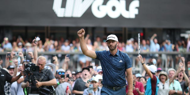 Team captain Dustin Johnson of 4 Aces GC celebrates after winning the LIV Golf Invitational-Boston on the first playoff hole at The Oaks golf course at The International Sept. 4, 2022, in Bolton, Mass.