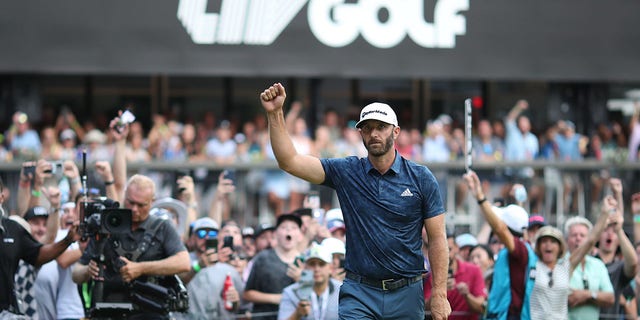 Team Captain Dustin Johnson of 4 Aces GC celebrates after winning the LIV Golf Invitational - Boston on the first playoff hole at The Oaks golf course at The International Sept. 4, 2022 in Bolton, Mass.